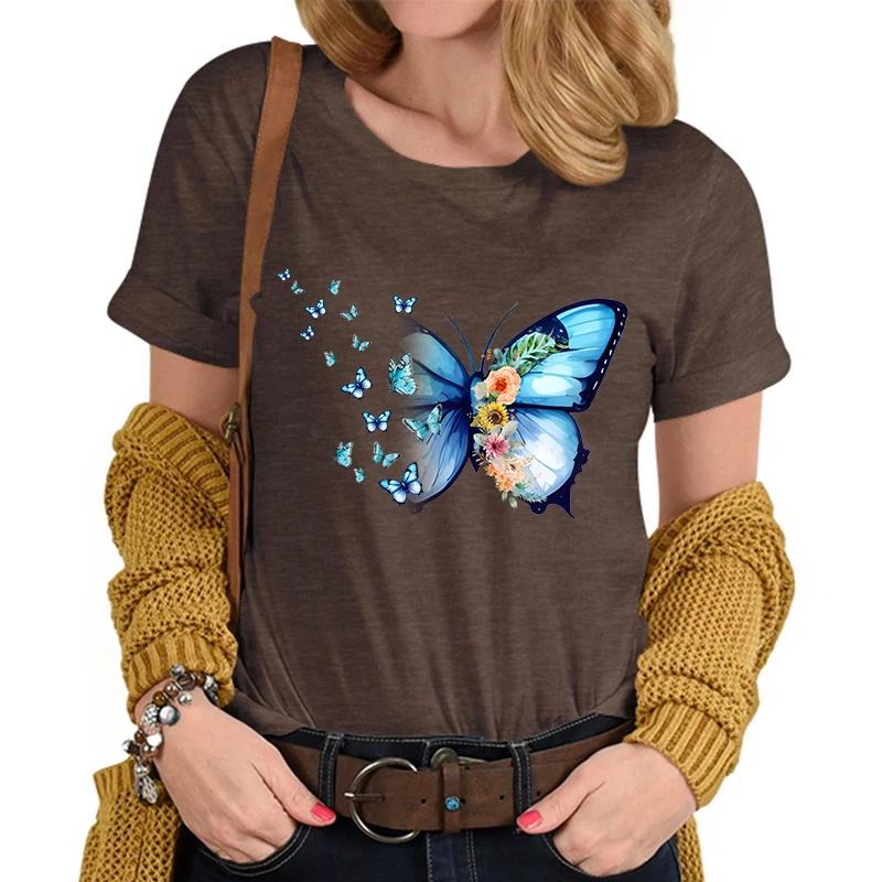 Flower Butterfly Lover Casual Tops Vintage Flower Design Tshirt Female Butterfly Print Premium Casual Short Sleeve TShirt Women