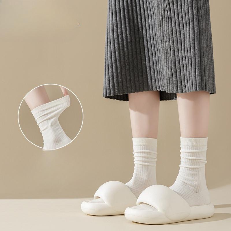 Solid Color Basic Socks for Women, Vertical Boneless Pile Socks, Drawstring Versatile Mid-calf Socks, Autumn Cotton Socks