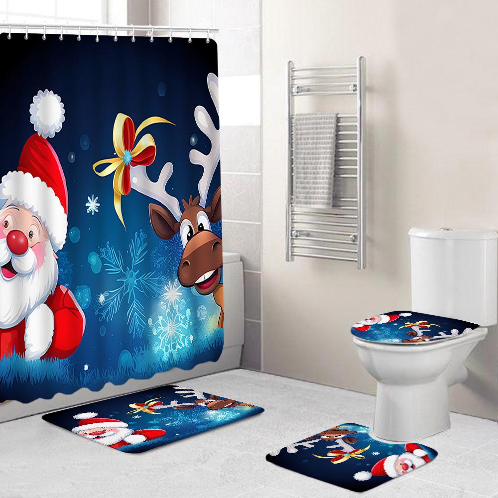 Christmas Toilet Cover Shower Curtain Floor Mat Set Santa Carpet Door Mat Foot Mat Non-Slip Mat