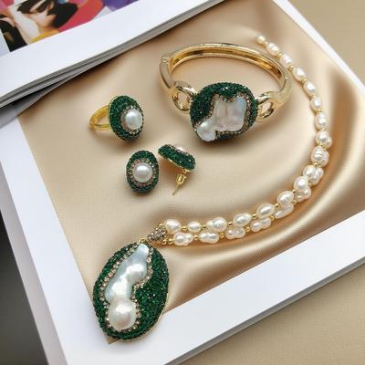 Natural Freshwater Pearl Crystal Jewelry Set for Women Baroque Irregular Quartz Full Rhinestone Bangle Rings Charm Necklace Sets