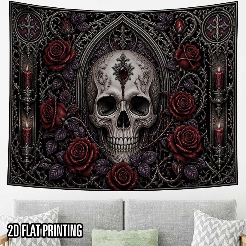 2D Flat, 1pc Gothic Skull and Rose Tapestry Wall Hanging - Horizontal Gothic Wall Decor Suitable for Portrait Photography Background, Wedding Party De