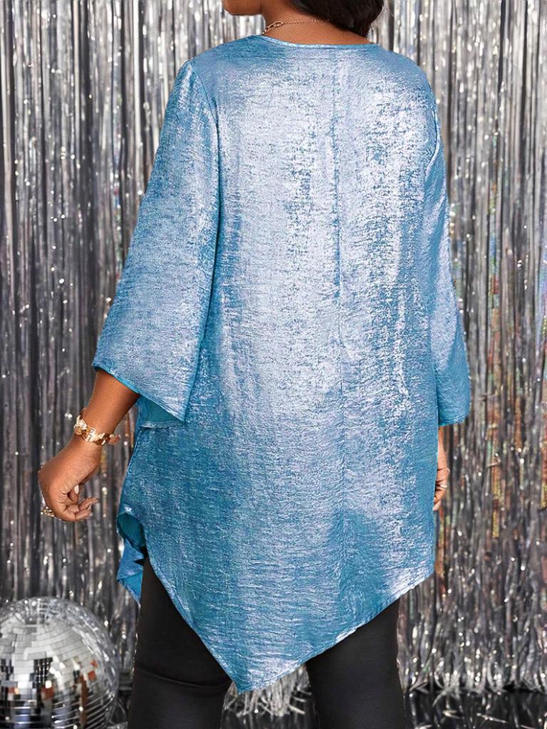 2025 Plus Size Loose Fit Crew Neck Nine-Sleeve Irregular Top for Women