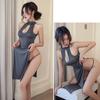 2 Pcs/Set Nightdress Panties Set High Split Hollow Out Sleeveless Backless Solid Color Qipao Style Cosplay G-string Nightgown Set