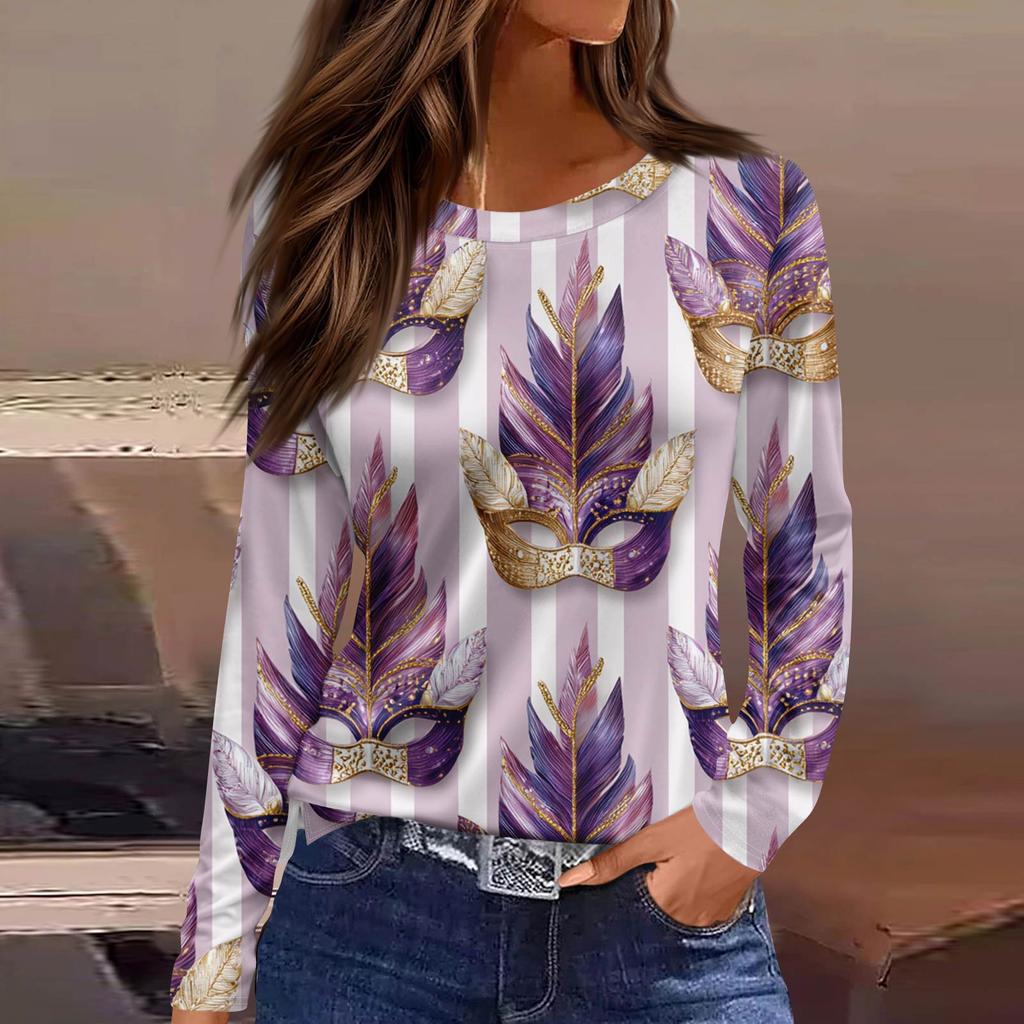 Women's Fashionable Casual Neck Long Sleeve Hem Split Carnival Print T-Shirt Top