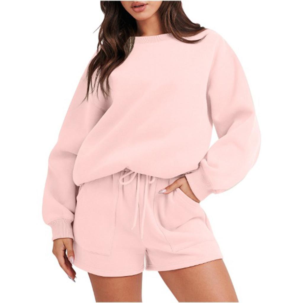Women's Fashion Sportswear Casual Long-Sleeved Pullover Sweatshirt Drawstring Shorts Set