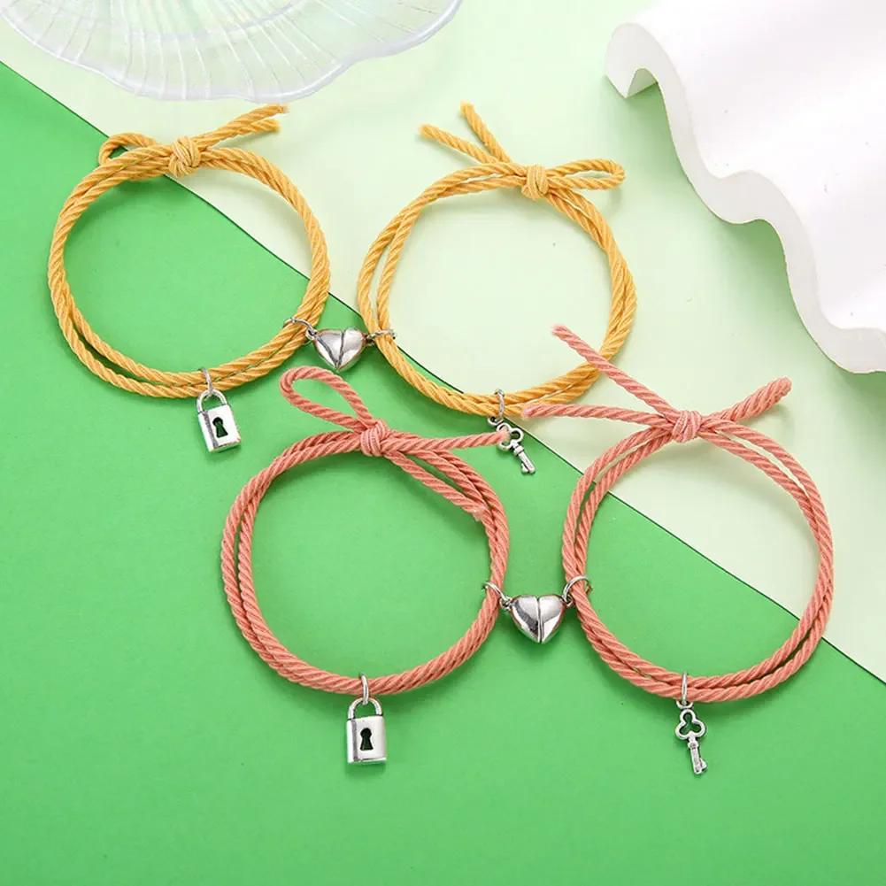 Magnet Couple Bracelets For Lovers Lock Heart Magnetic Bracelet For Women Men Braided Rope Wrist chain Minimalist Jewelry Gift