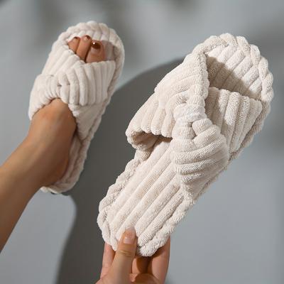 Cross Band Fuzzy House Slippers, Odkryte palce, Miękka podeszwa, Płaskie, Pluszowe buty, Przytulne i Ciepłe Kapcie Domowe