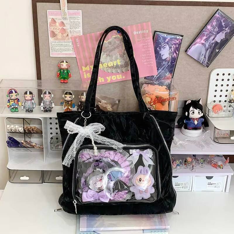 

New Y2k Versatile Ita Shoulder Bag Sweet Girls Transparent Tote Bag Large Capacity Backpack DIY Cartoon Display Commute Handbags 39x30x12cm