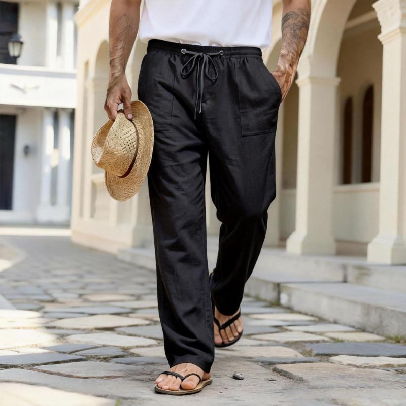 Men Elastic Waist Drawstring Linen-Like Casual Pants
