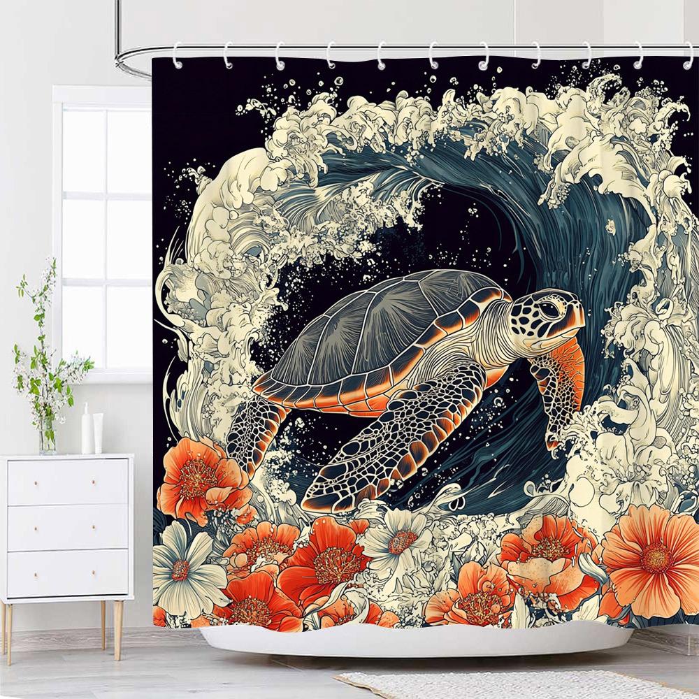 

1Pc Japanese Ukiyo-E Style Sea Turtle Shower Curtain - Vibrant Waves & Geometric Patterns In Bright Oranges, Reds, And Deep Blue W60H190(CM)-1 Pcs