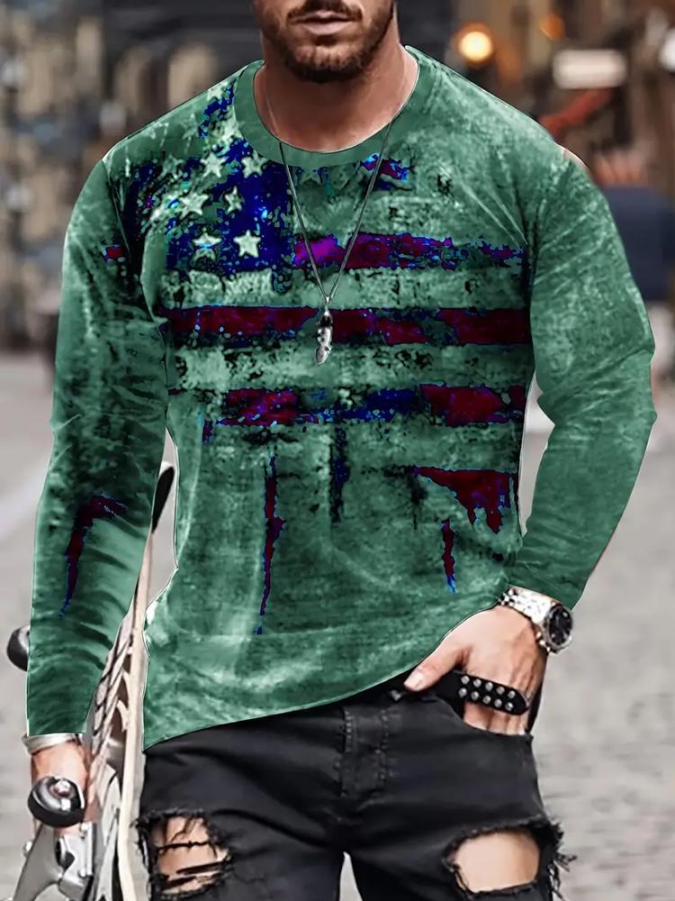 Vintage Casual 3D Faded Flag Tee for Men Stylish Long Sleeve Slight Stretch All-Season Comfort & Durability