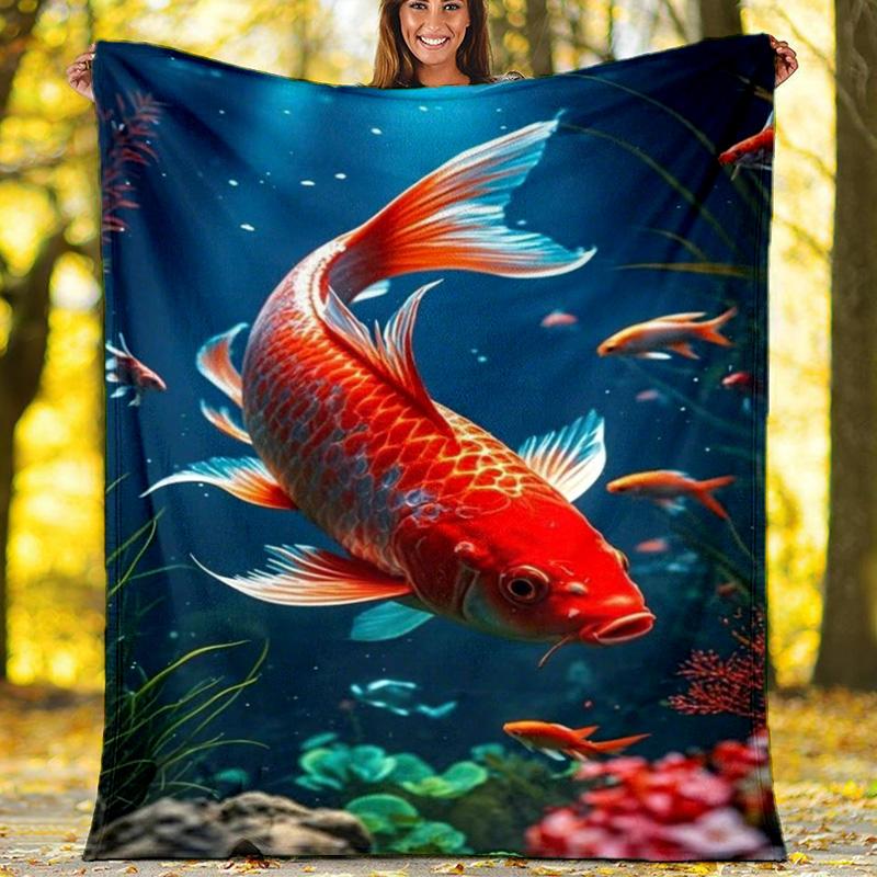 Lucky Koi Fish Water Splash Blanket, Vibrant Koi Flannel Throw Blanket for Home Decor