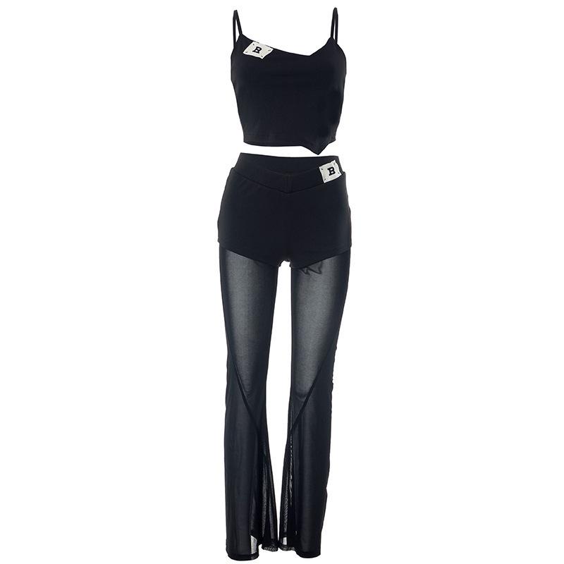 American Sexy Mesh Patchwork Camisole & Pants Set - Women s Summer Two-Piece Outfit Medium чёрный