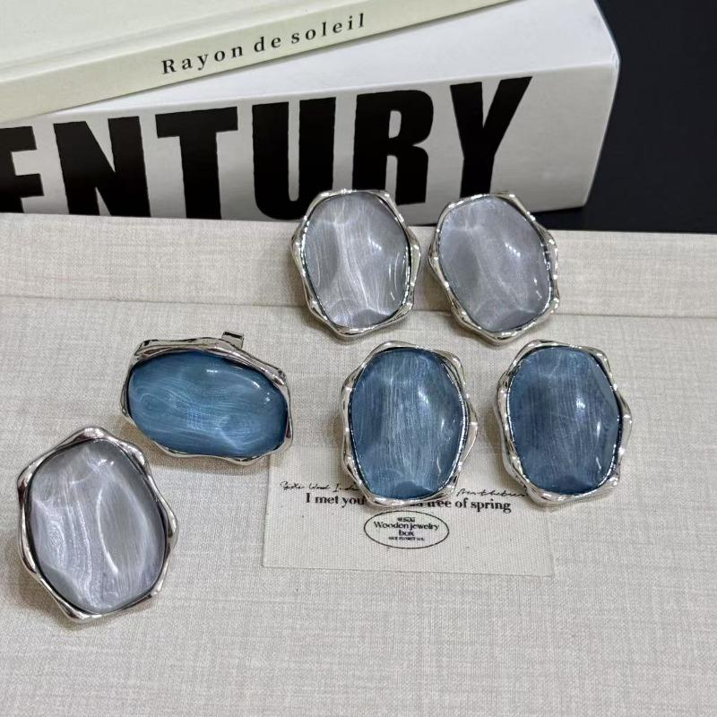 Blue Light Gray Water Ripple Stud Earrings Adjustable Ring Women's Niche High-end Exaggerated Earrings