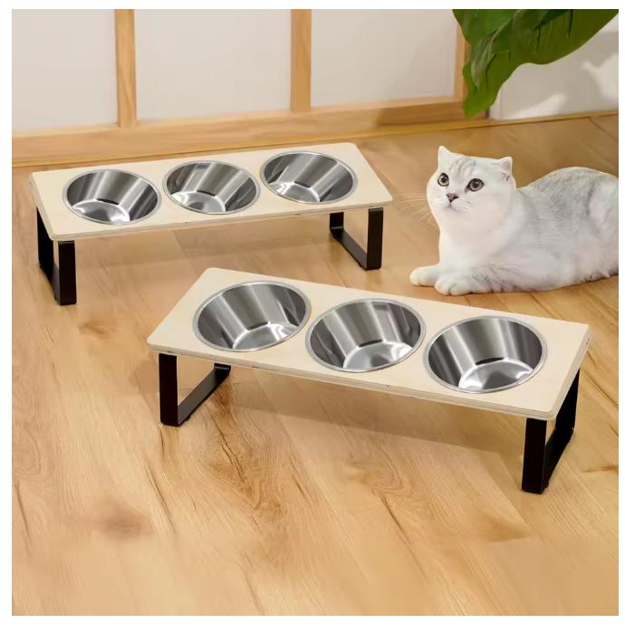 Erhöhte Katzennäpfe Futterspender 15° geneigt Erhöhte Fütterungs- & Wasserspender Haustier 3 Edelstahl-Näpfe mit Ständer für Katzen Welpen