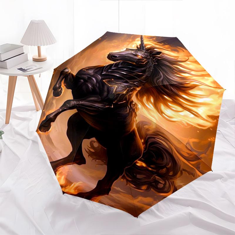 Mythical Beast, Fiery Horse- Automatic umbrella, Four Seasons Portable Folding Umbrella, Suitable for Men and Women, Travel, Daily Compact U