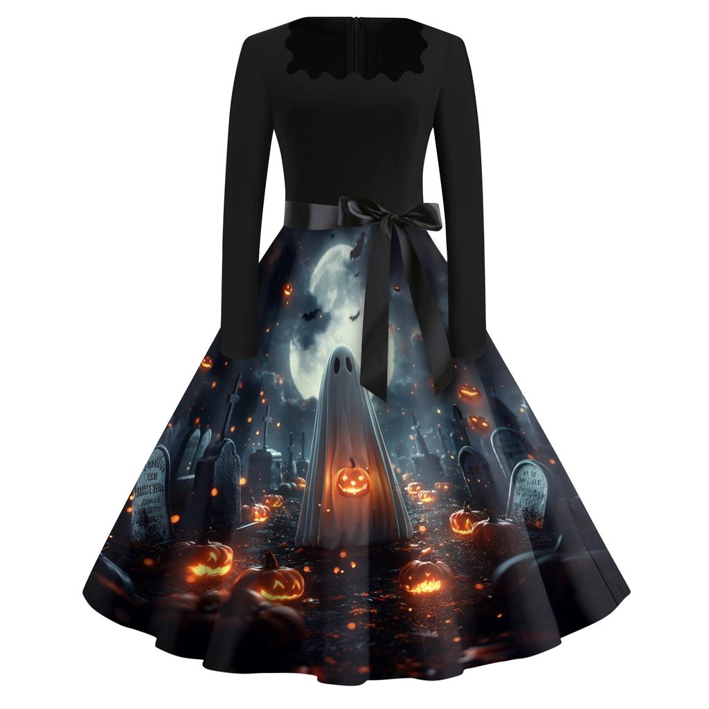 Women's Casual Vintage Halloween Dress Long Sleeve Square Neck A-Line Midi Dress with Printed Skirt and Waist Tie for Seasonal Wear