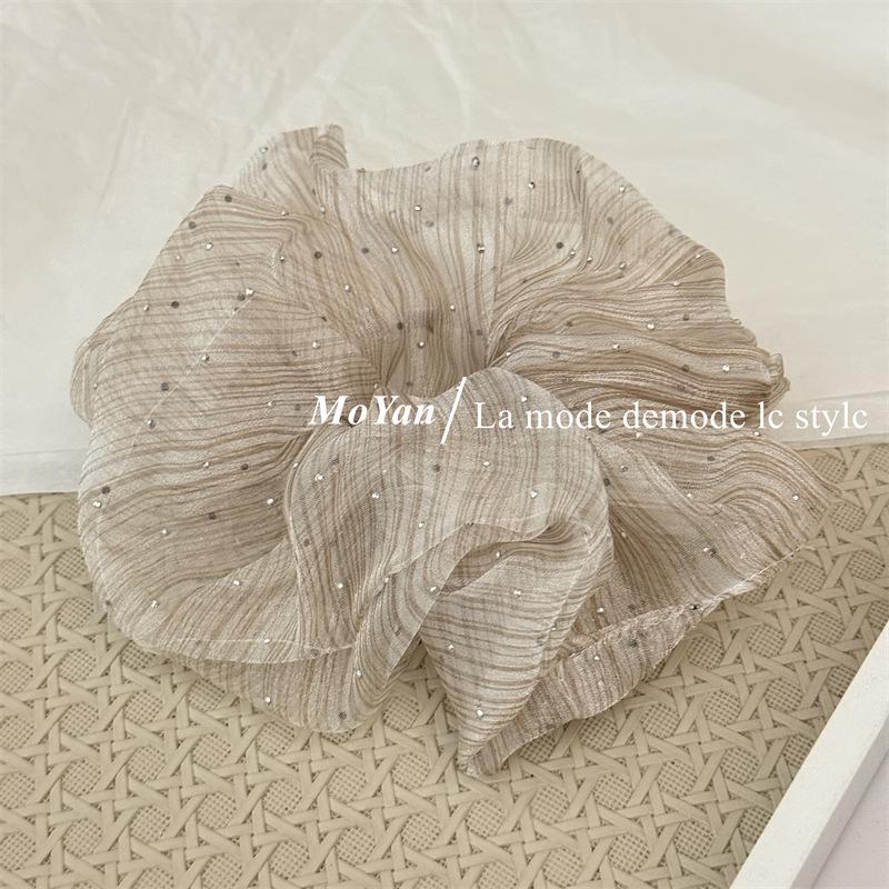 Elegant 2025 Rhinestone Star Gauze Hair Tie - High-End Striped Bubble Scrunchie for Women