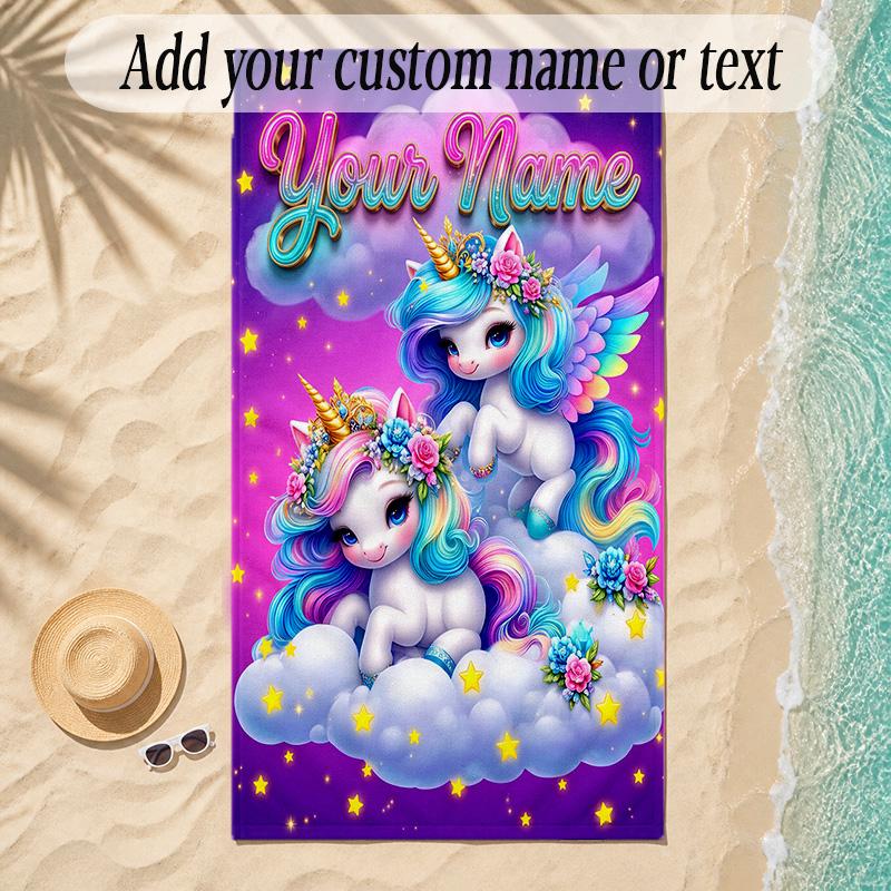 Unicorn Theme Soft Beach Towel Personalized Custom Name Text Towel Portable for Beach Pool Travel