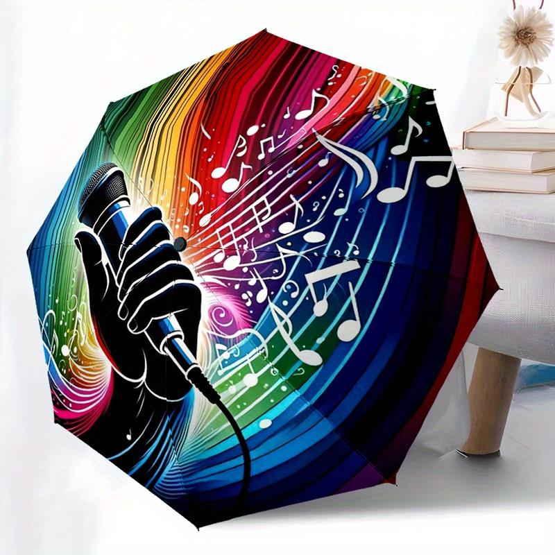 

1pc Sing Music Folding Umbrella - Compact 8-Rib Automatic Open Design, Vibrant Music & Colorful Notes Pattern, Durable Plastic (as the picture,Iron&8K)