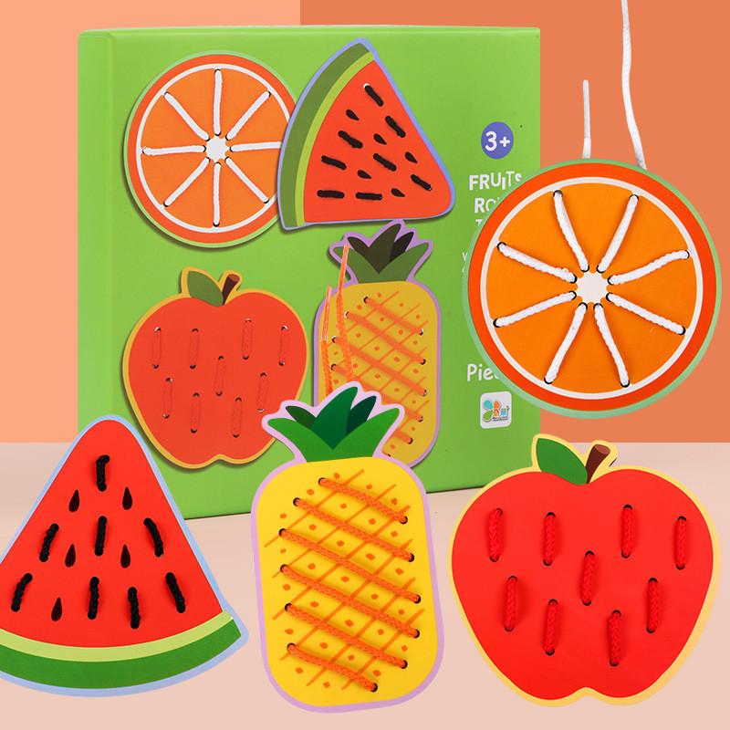 Wooden Animal And Fruit Lacing Board Educational Toy For Toddler Hand Eye Coordination Development