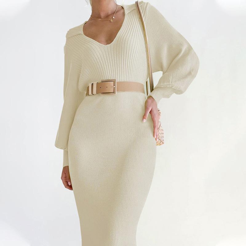 New Autumn and Winter Elegant Retro Light Mature Style Lantern Sleeve V-neck Solid Color Knitted Sweater Dress