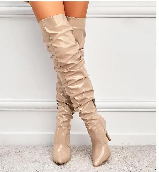 

Cross knee boots 2026 autumn new European and American pointed patent leather high tube black zipper slim heel high-heeled women 35 абрикосовый