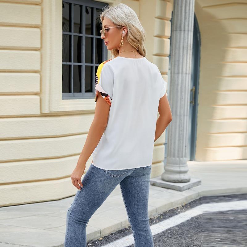 Summer New V-neck Geometric Print Loose Chiffon Shirt Women Short Sleeve Elegant Blouse Woman Loose Fashion Office Lady Tops 24074