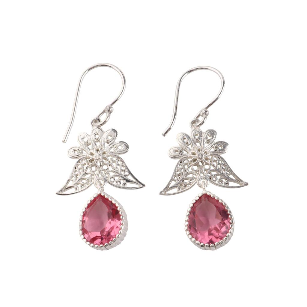 Natural Pink Tourmaline Gemstone 925 Stamped Silver Handmade Jewelry Partywear Hook Earrings 1.84" For Wedding CE-23-5