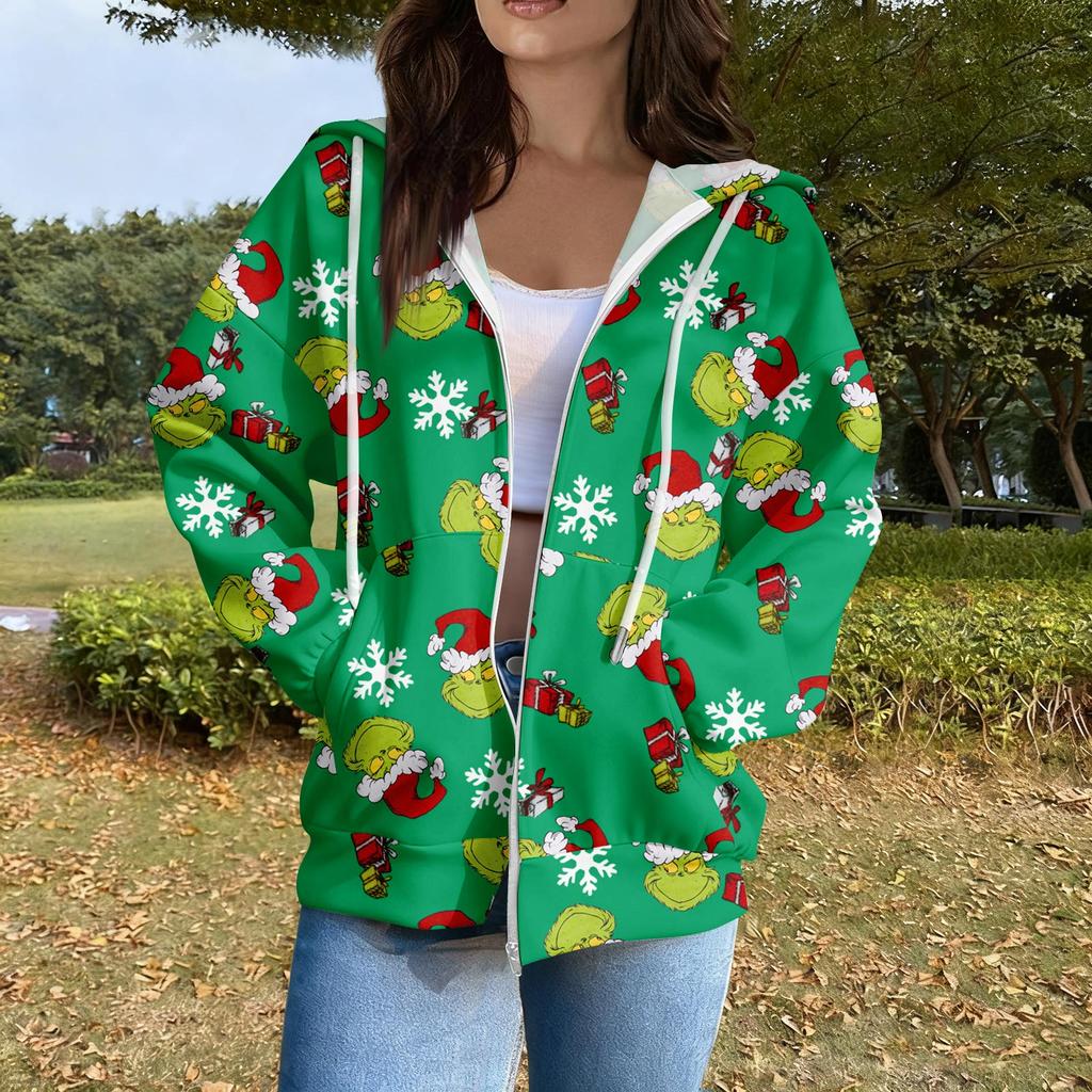 Women's Casual Fashion Long Sleeve Zipper  Printed Hooded Sweatshirt