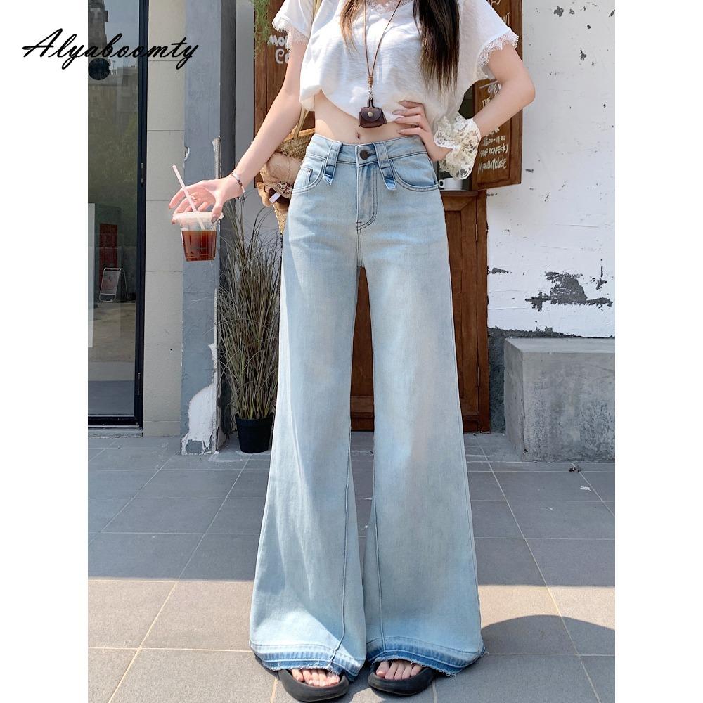 Korean Style Spring Autumn Women Light Blue Flare Jeans High Waist Solid Basic Classical Denim Pants Elegant Vintage Feminine Ladies' Jeans