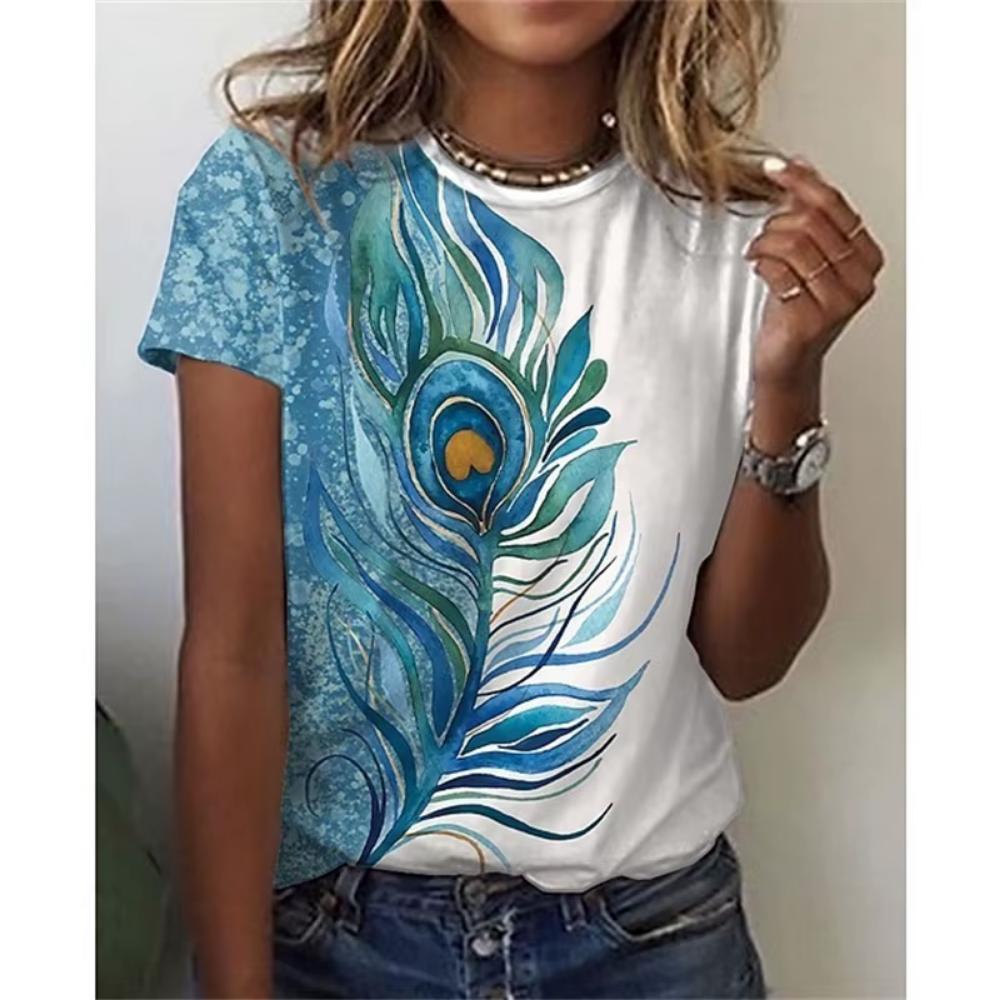 Fashion art floral pattern T-shirt for ladies, summer casual printed outfit