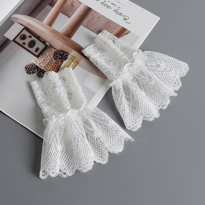 Summer Fake Cuff Sleeve Women Lace Floral Pleated Ruffled False Cuffs Decor Female Sweater Blouse Wrist Organ Lolita Fake Sleeve