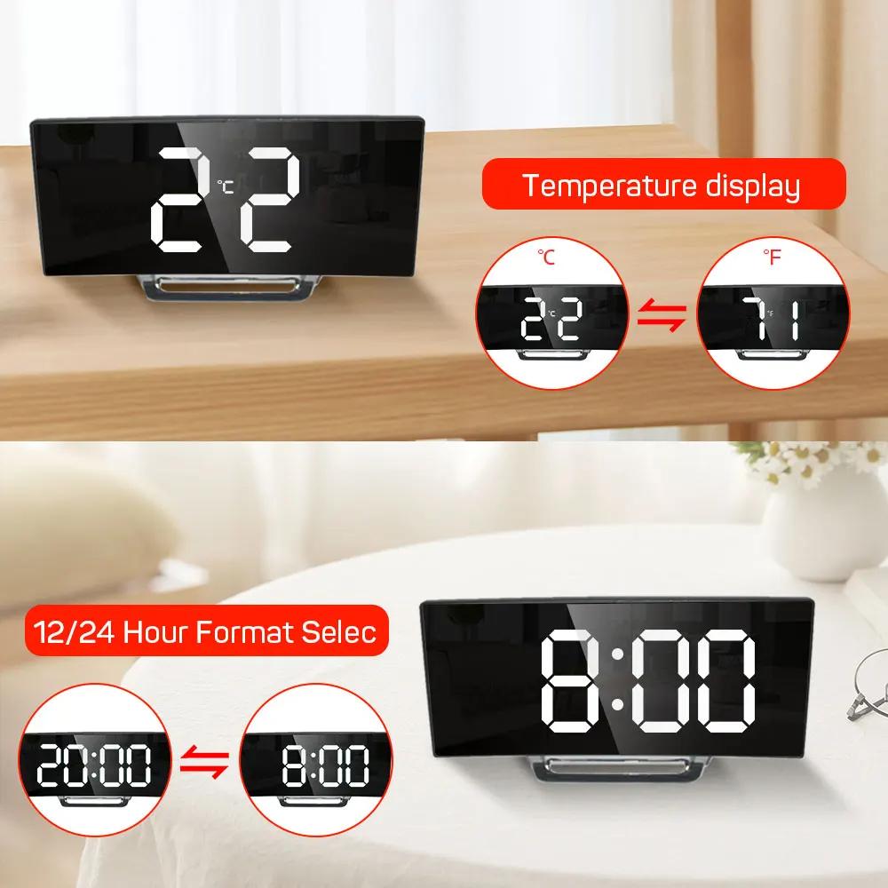 Curved Screen Clock Digital Led Alarm Clock with Temperature Display Large Mirror Clock Snooze Bedside Table Clock Room Decor