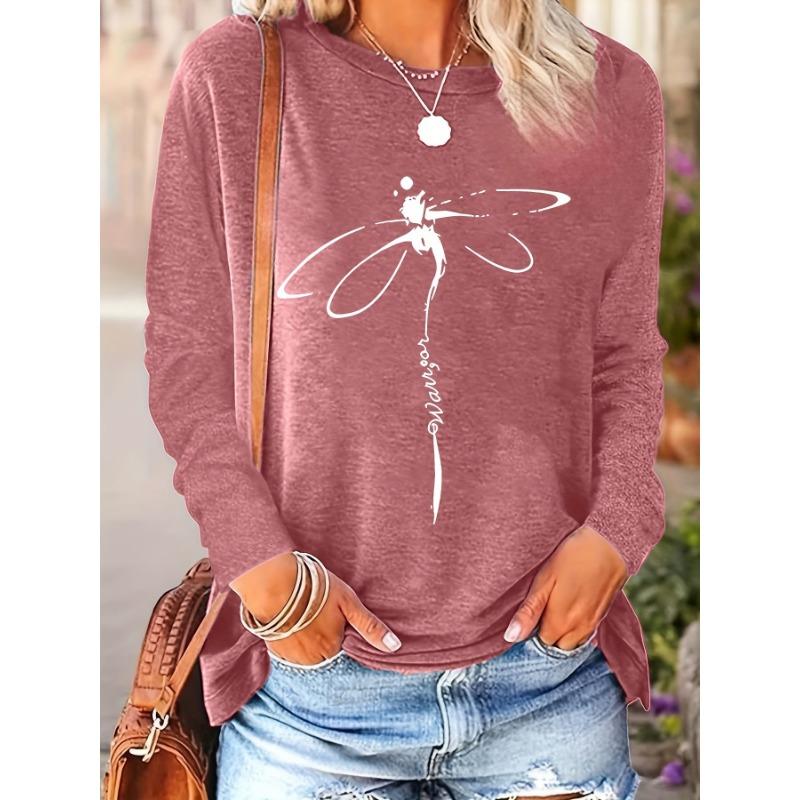 Spring and Autumn New Positioning Dragonfly Print Round Neck Long Sleeve Loose Casual Women's Top