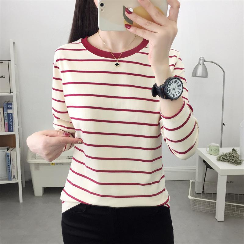 Plus Size Women's Loose Long Sleeve T-Shirt Autumn Cotton Striped Base Shirt Top