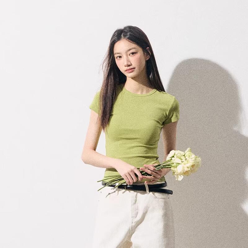 MJ STYLE Women's Structured Shoulder Short Sleeve T-Shirt 2026 Spring Summer New Slim Fit Waist Design Basic Versatile Top
