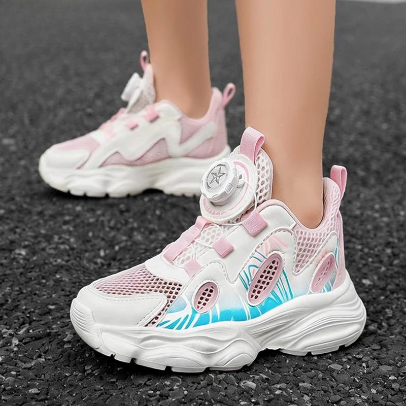 Summer Breathable Children’s Casual Shoes for Girls Rotating Button Sports Running Shoes Outdoor Fashion Flat Walking Sneakers
