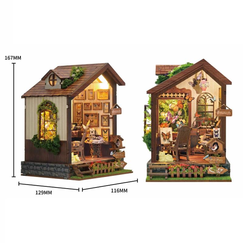 Mini DIY Wooden Book Nook Figurines Miniature Kits Butterfly House Bookshelf Home Bookend Decoration For Adult Handmade Gift