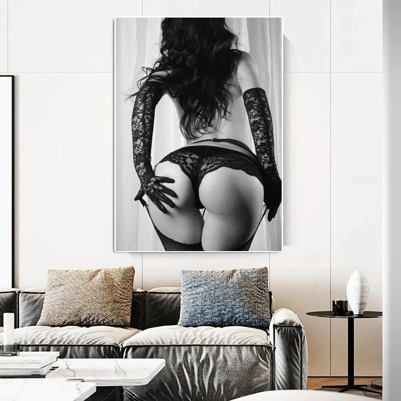 Modern Black and White Sexy Nude Woman Canvas Painting Wall Art Sexy Buttocks Posters and Prints Porch Room Wall Decor Large