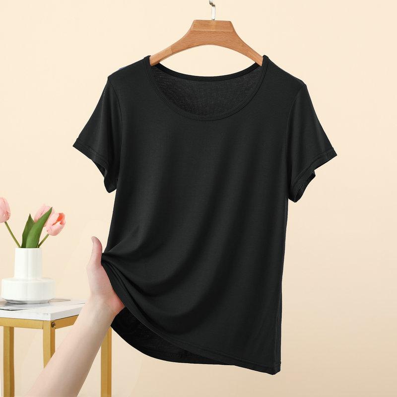 Summer Women s Modal O Neck T-shirt Casual solid color Tshirts Loose Fit Tee Tops Plus size Base Layer Tees L чёрный