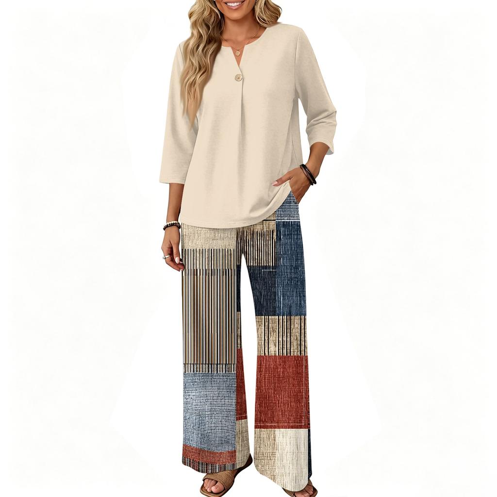 Women's Casual Printed 2 Piece Outfit with 3/4 Sleeve Button Top and Wide Leg Pants Set