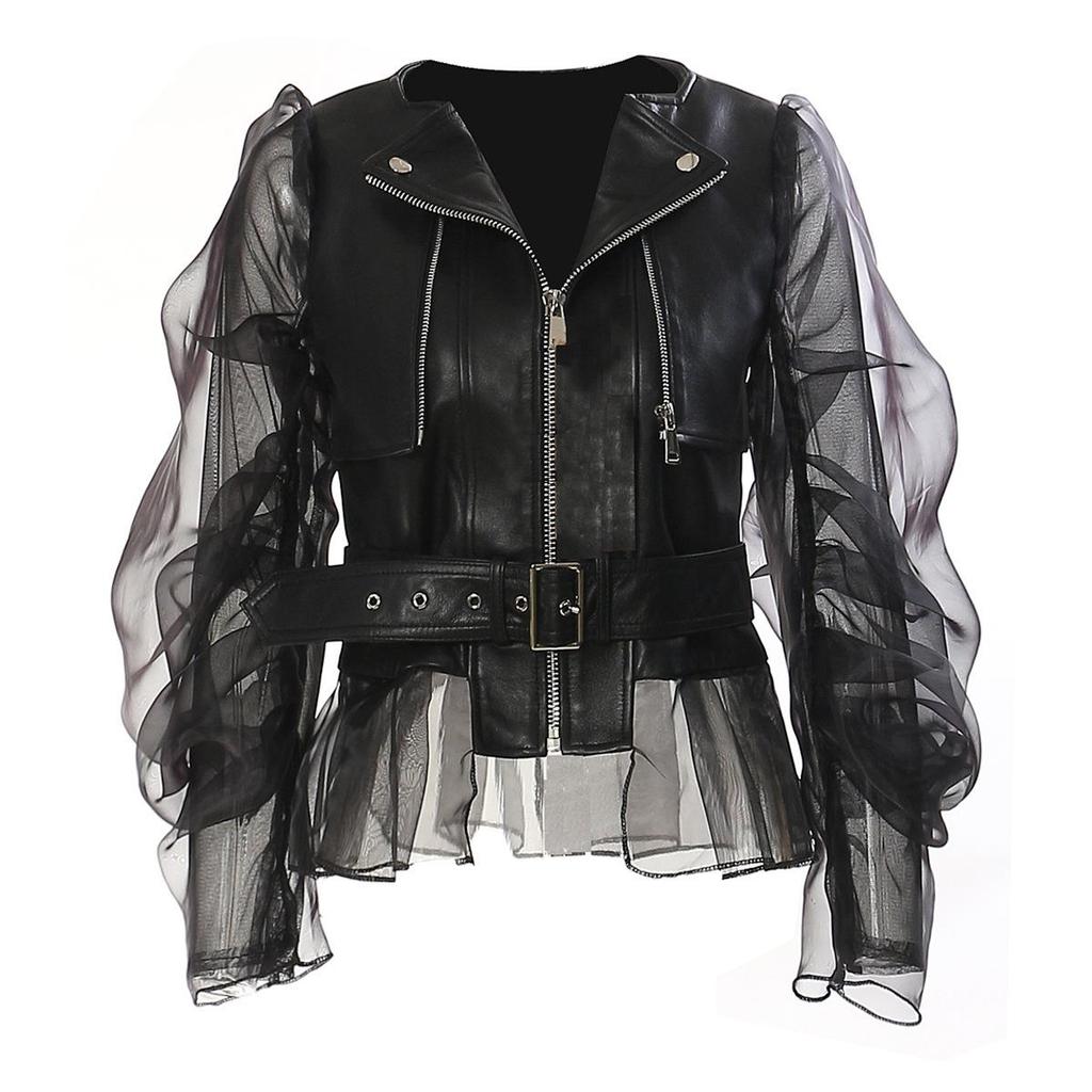 Women's 25 New Dominating See-Through Mesh Leather Motorcycle Jacket