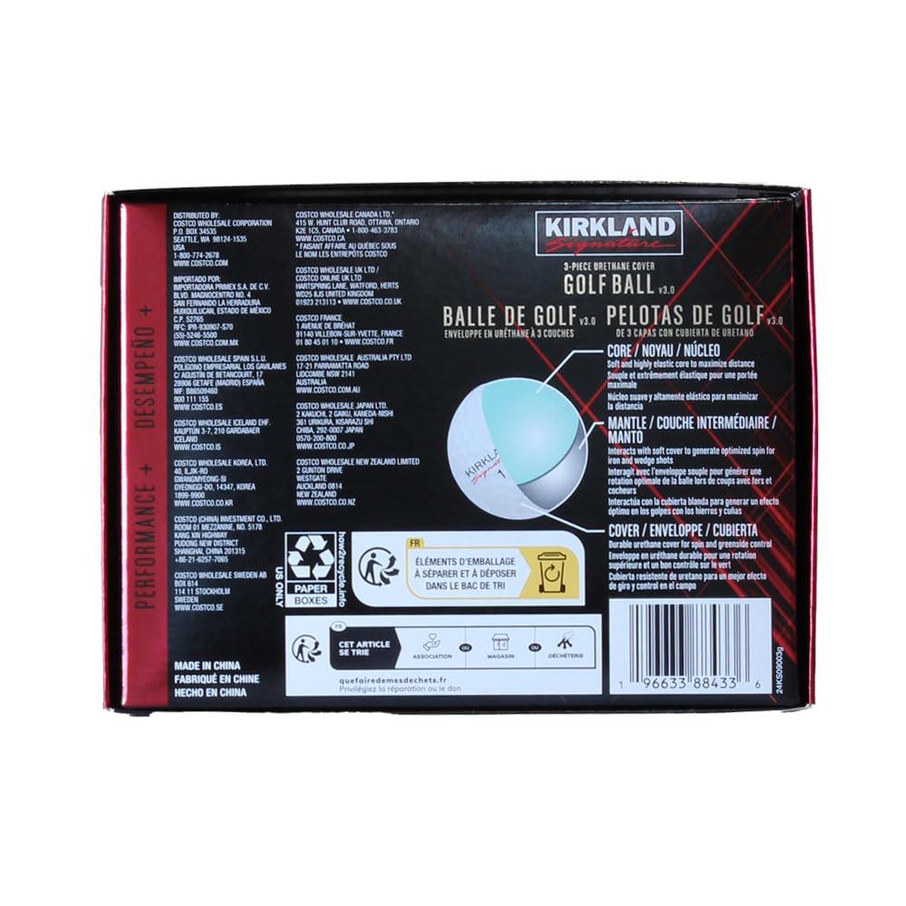 KIRKLAND Signature Performance Golf Urethane 1 Dozen +V3 Balls, 3-Piece Cover, (12 Balls)