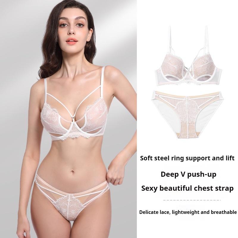 French Sexy Lingerie Set Big Chest Small Anti-sagging Sexy Lace Push-up Bra Breathable Sexy Panties