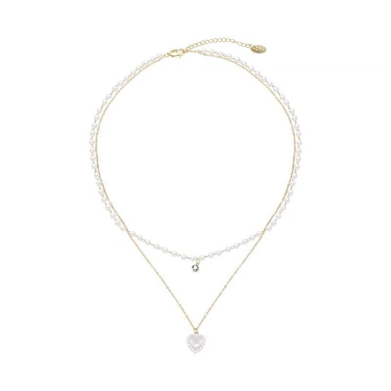 Summer Pearl Double-Layered Heart Necklace for Women - High-end Design, Small-Scale, Layered, Delicate Collar Chain Necklace