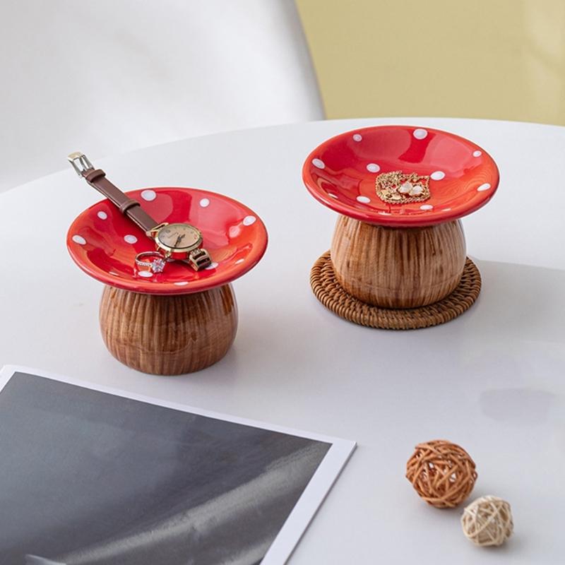 Ceramic Mushroom Jewelry Tray with Raised Ring Holder Dish, Tabletop Catchall Tray for Vanity and Bedside Table