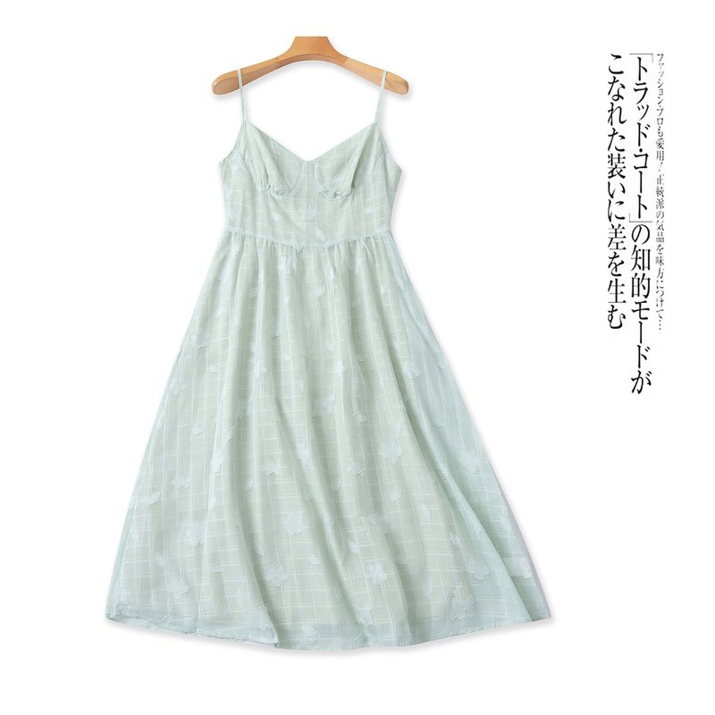 

Жаккардовая клетчатая юбка на подтяжках Летняя Новая Внешнеторговая Женская одежда На бретелях Регулируемая Пуловер С завышенной талией Платье 31818 Light green bottom flower C- 4-2-5 L