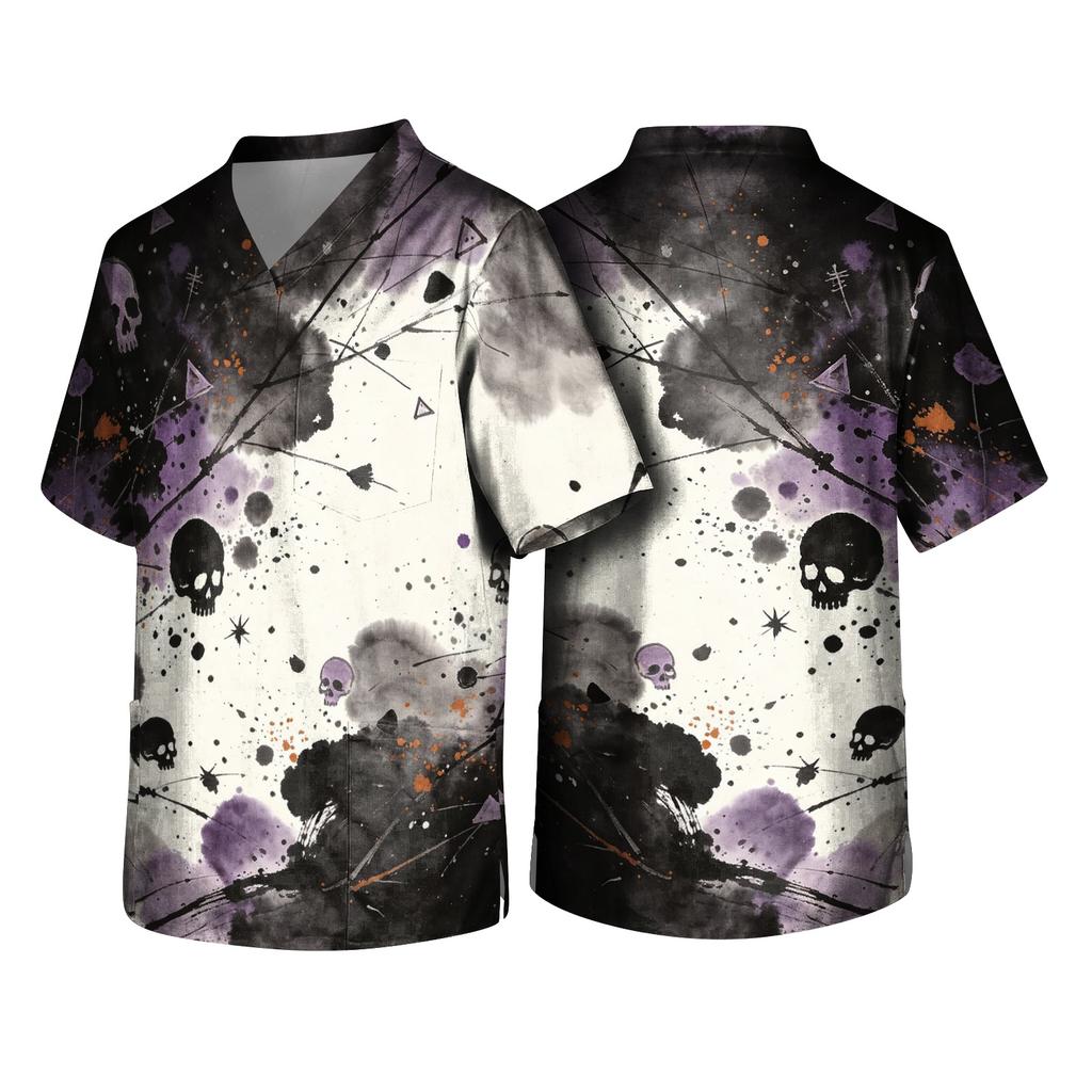 Men's Halloween Print V-Neck Scrub Top with Pockets Short Sleeve