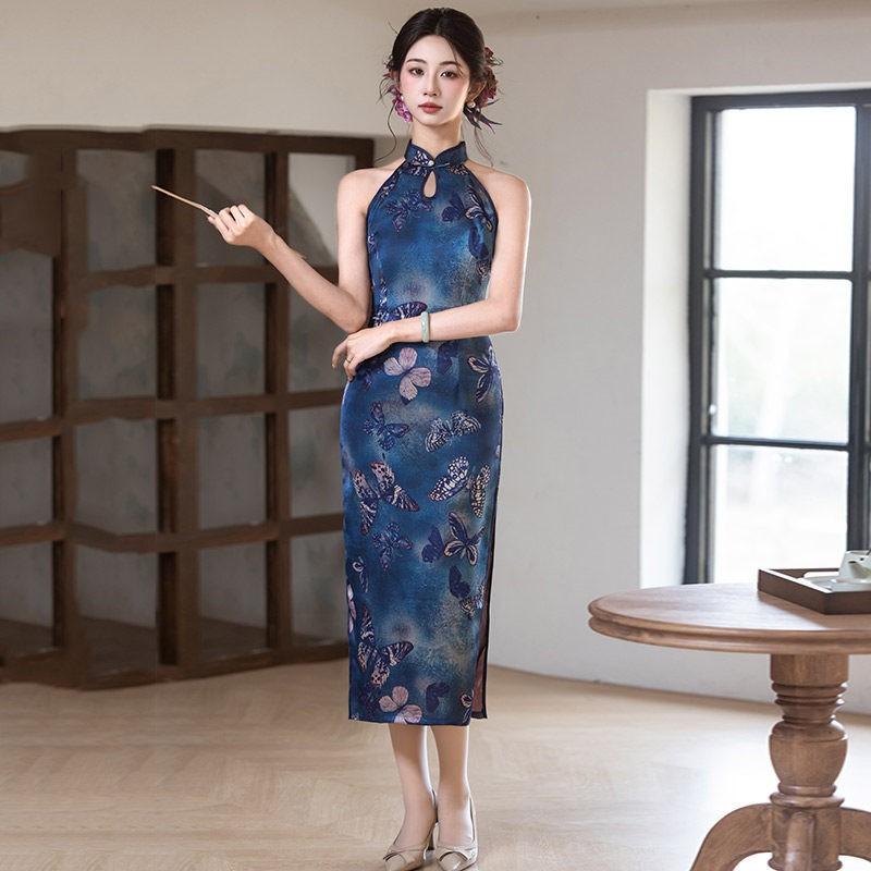 Elegant Long Cheongsam Dress With Waterdrop Neckline Modern Chinese Style 2026 Blue Stretchy Midi Slit Sleeveless Small